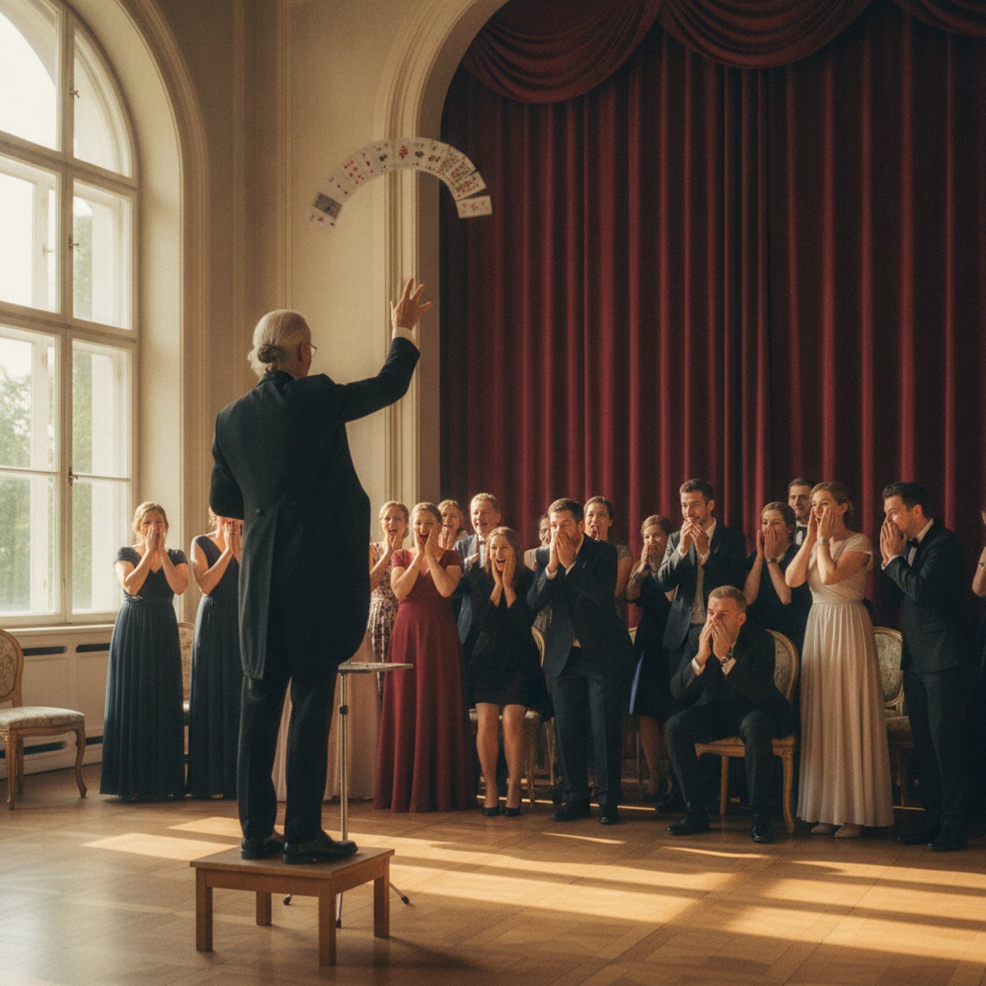 Nathan Silbermann lässt in einem Berliner Festsaal einen Kartenfächer aufsteigen, die Gäste schlagen die Hände vors Gesicht