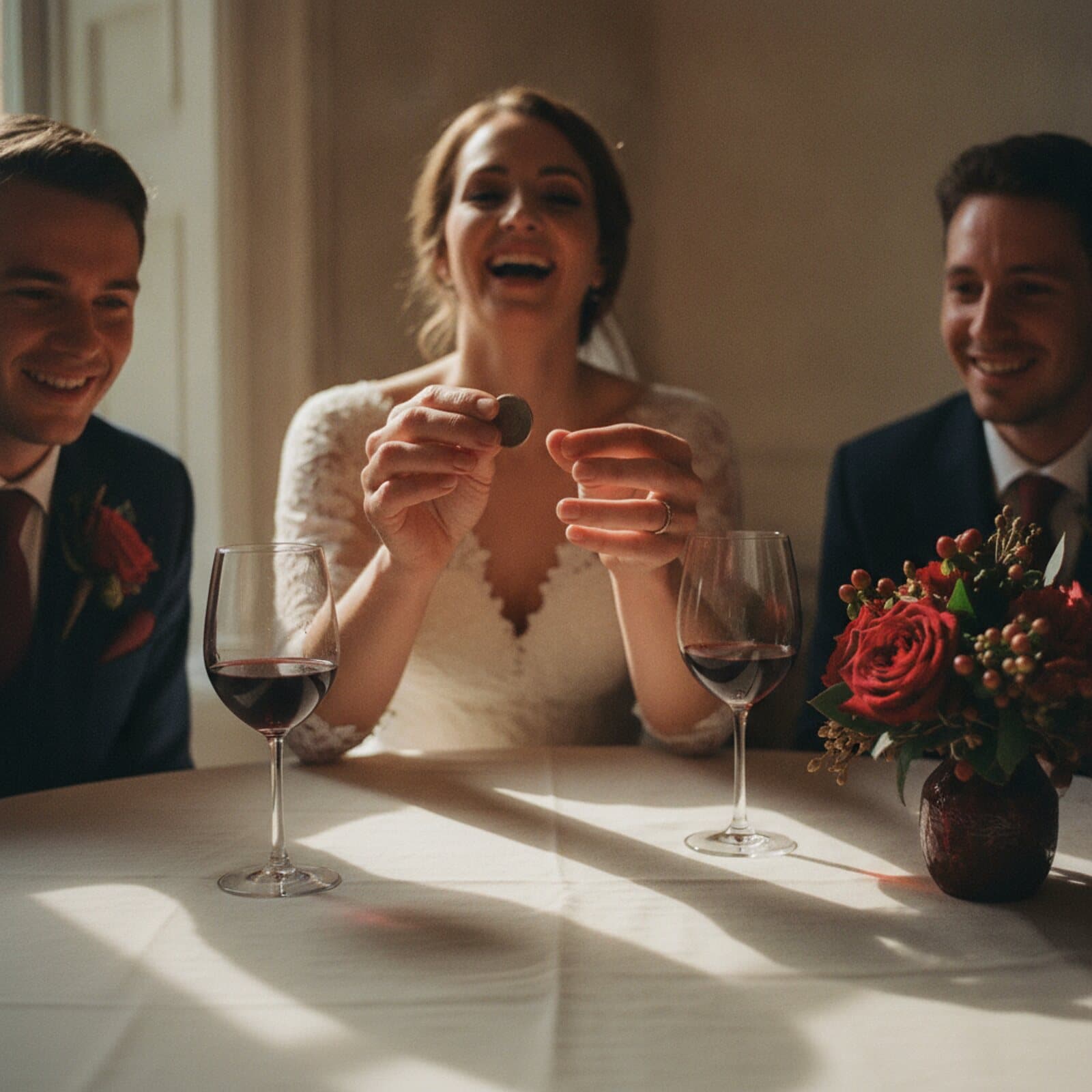 Zauberer beim Sektempfang einer Hochzeit, Gäste mit Sektgläsern schauen auf seine Hände