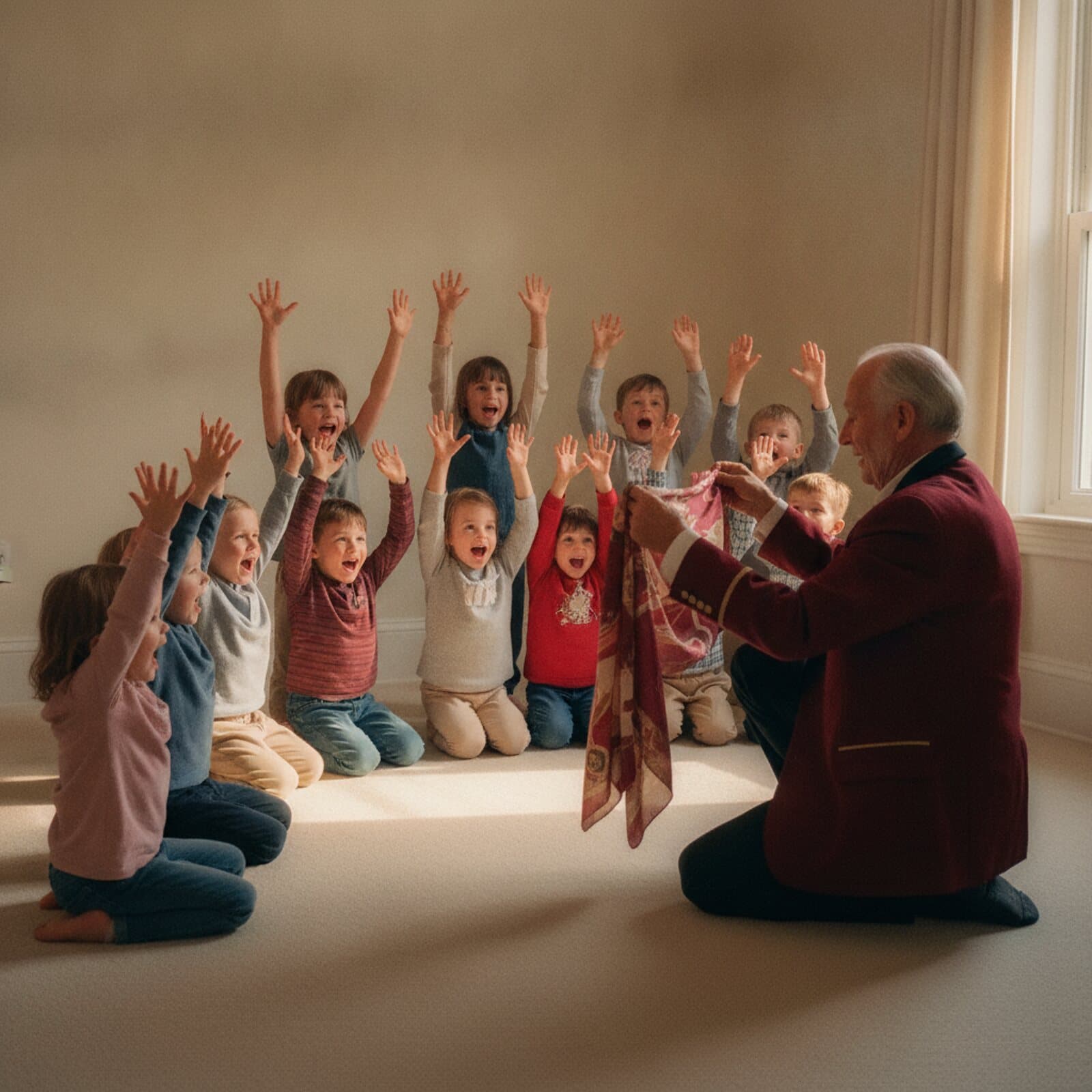 Kinderzauberer im Sitzen, ein Dutzend Kinder im Halbkreis dicht vor ihm