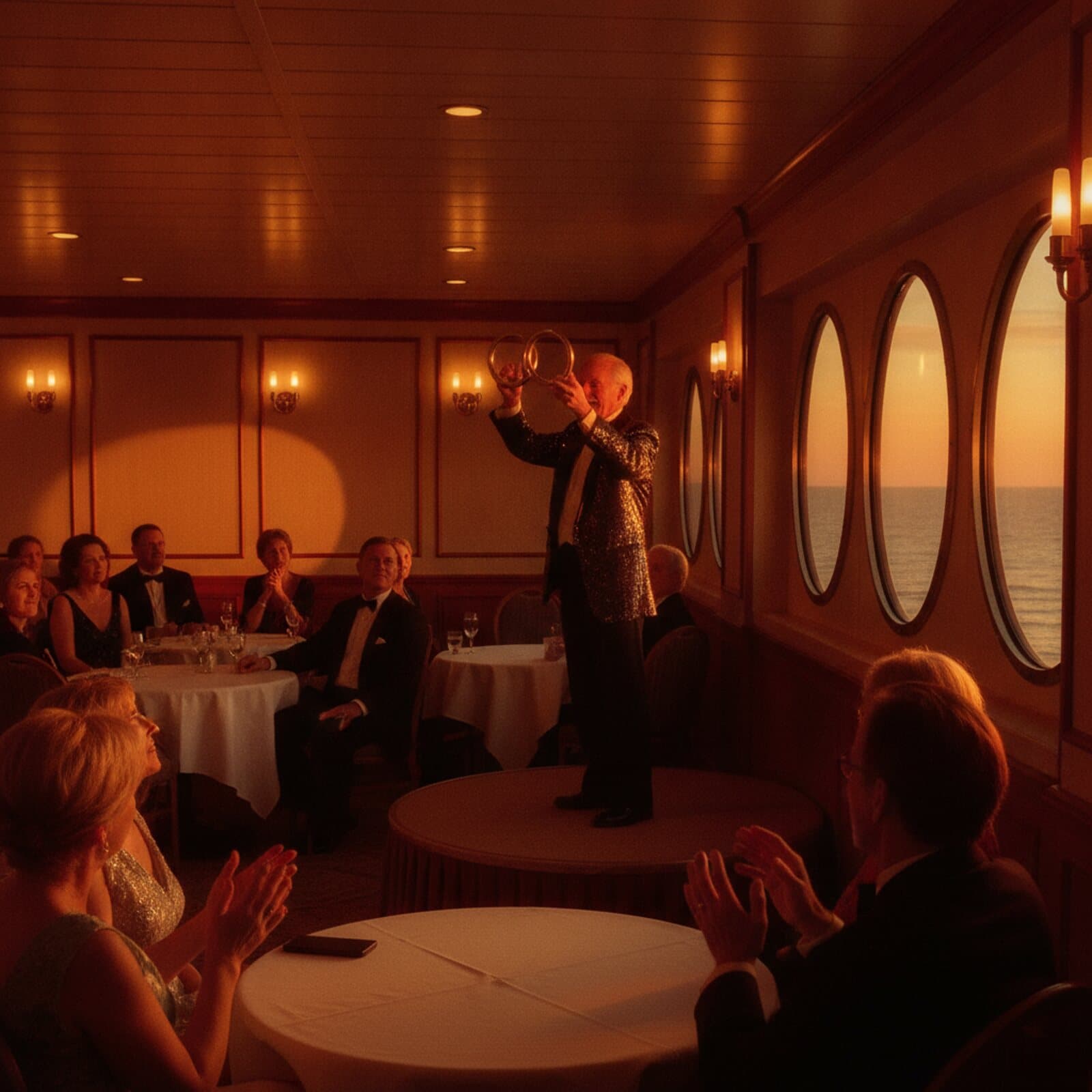 Showlounge an Bord eines Kreuzfahrtschiffs mit besetzten Sesselreihen vor kleiner Bühne