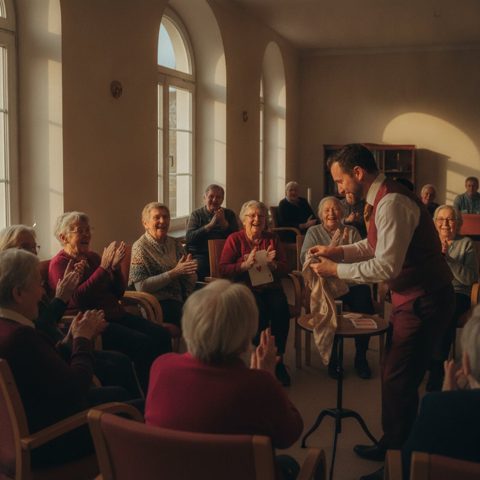 Nachmittagsprogramm im Tagesraum einer Senioreneinrichtung, Messingringe zum Anfassen